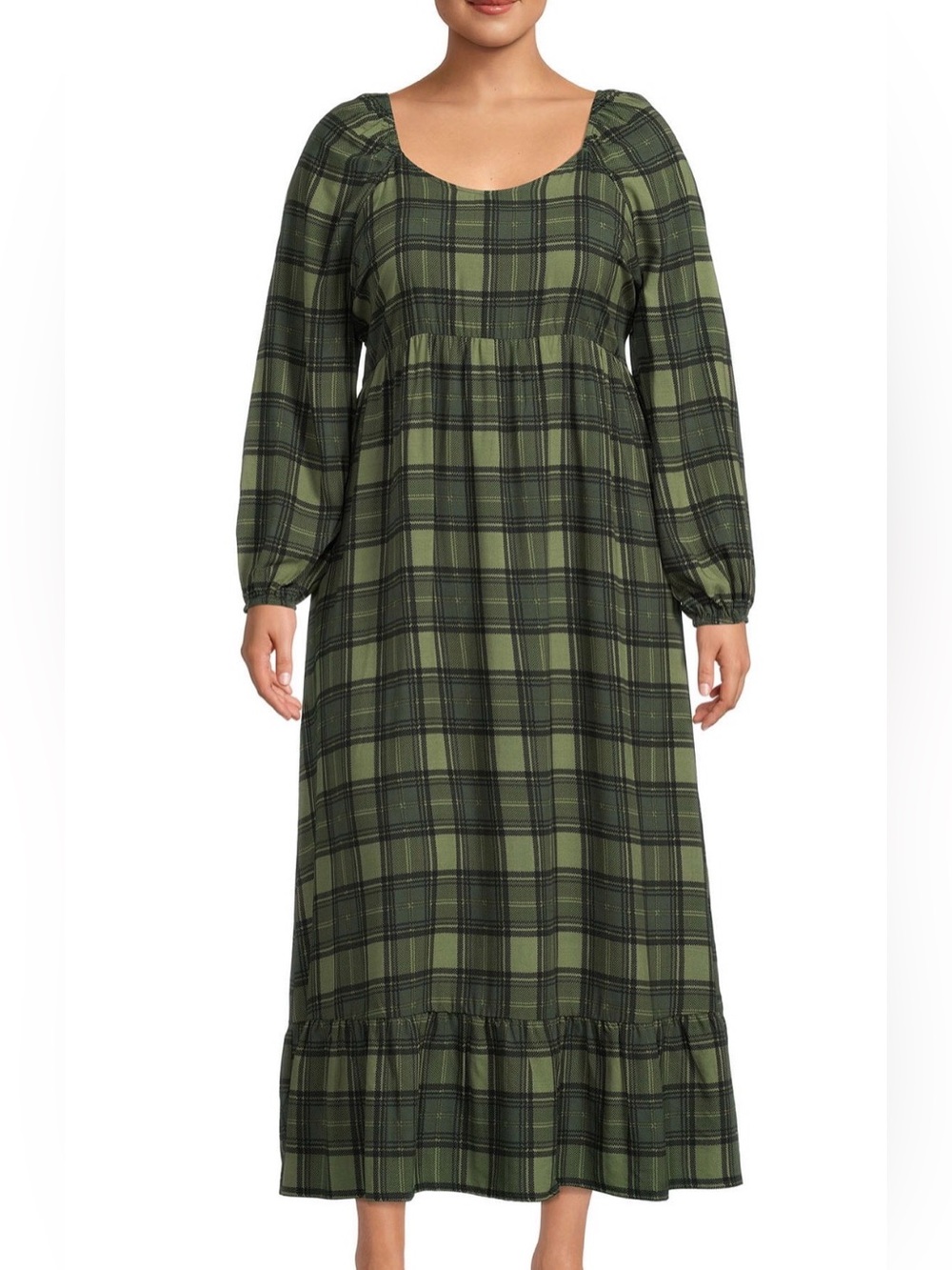 Terra & Sky Olive Green Plaid Ruffle Peasant Maxi Dress Size 2X 20W-22W